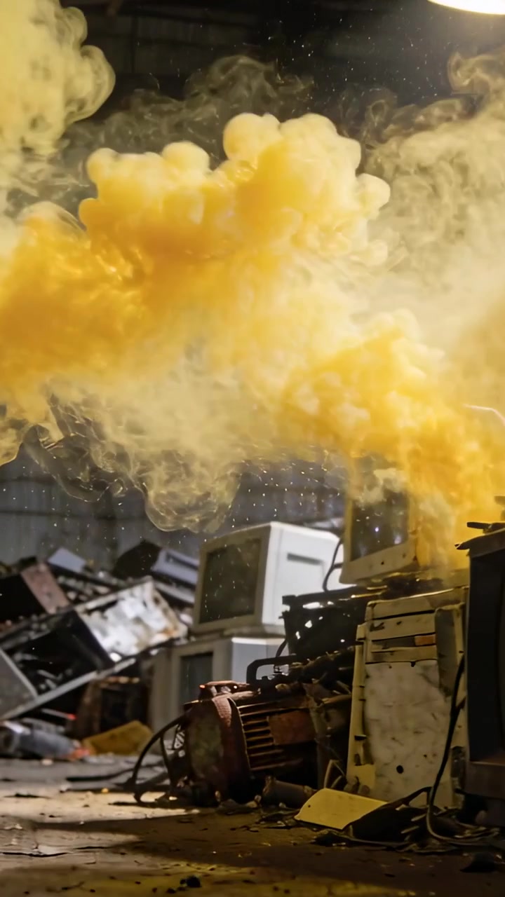 Vertical video: Emerging upper-left, gold smoke plume drifting at scrapyard, hiding CRTs, fan, lamp