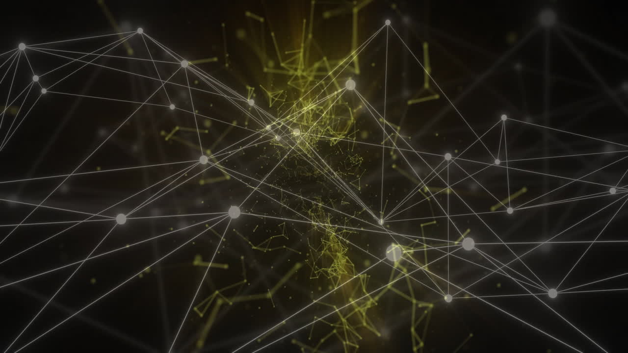 Animation of white and golden illuminated dots connected with lines over black background