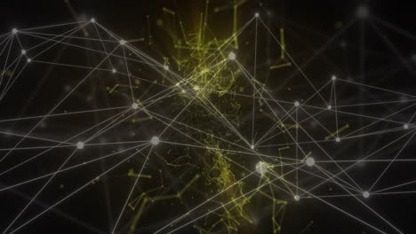 animación de puntos iluminados blancos y dorados conectados con líneas sobre fondo negro