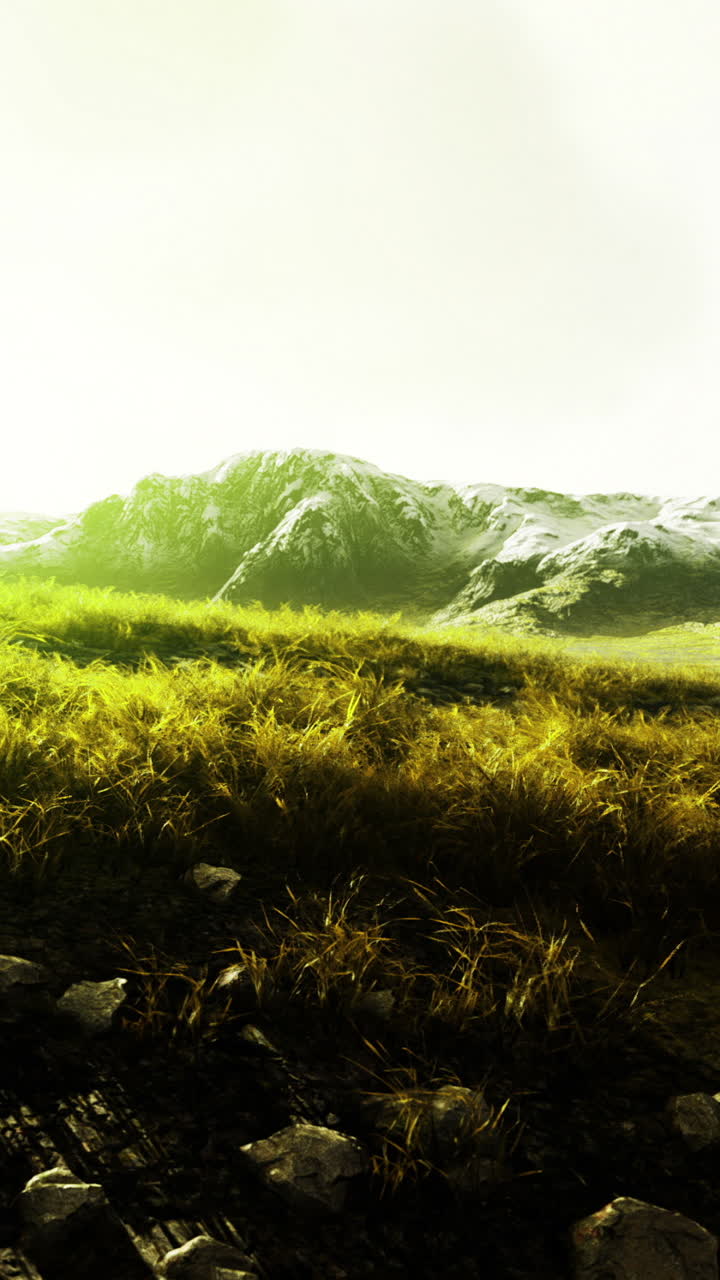 Mountains and golden grass under a radiant sun in a serene landscape