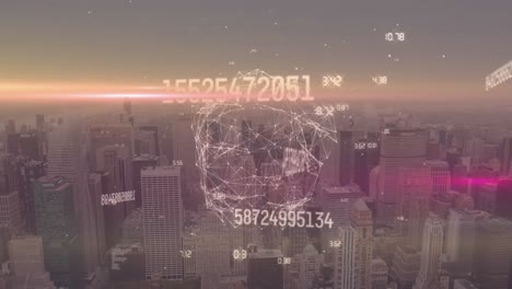 Animation-Von-Zahlen,-Globus-Und-Verbindungen-über-Dem-Stadtbild
