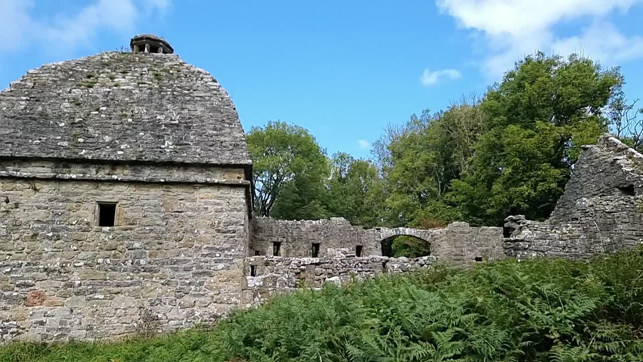 Antica colombaia in pietra del priorato di Penmon su terreni appartati della campagna gallese coperti di felci.