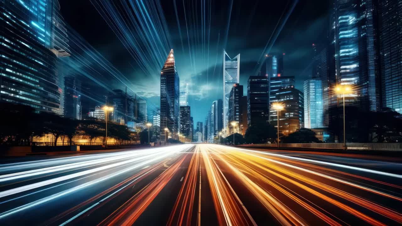 Paesaggio urbano dinamico di notte con vista dal basso che cattura le scie luminose del traffico