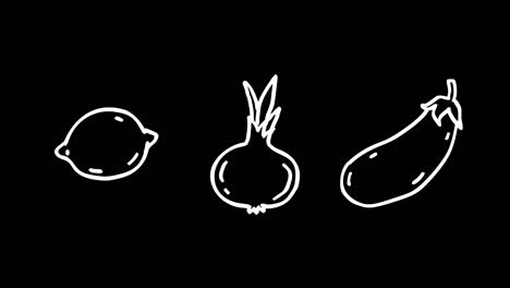 lemon onion eggplant white outline. frame by frame animation. alpha channel