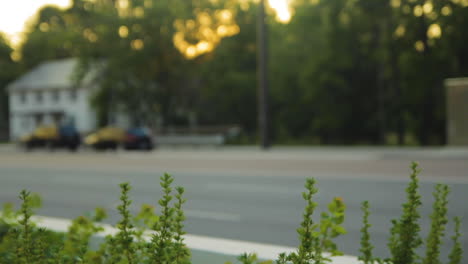 Out-of-focus-cars-driving-on-a-city-street-during-sunset