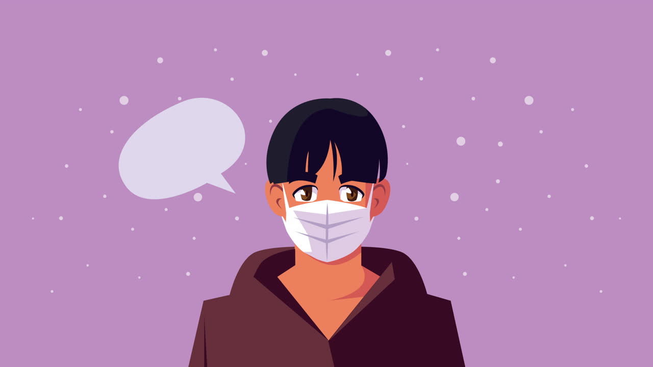 코로나19에 대비해 얼굴 마스크를 착용한 남성과 연설 거품