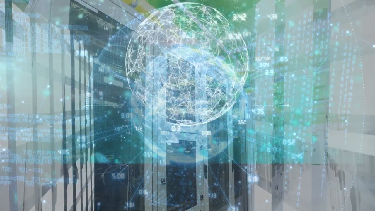 Animation of screens with data processing over spinning globe against computer server room