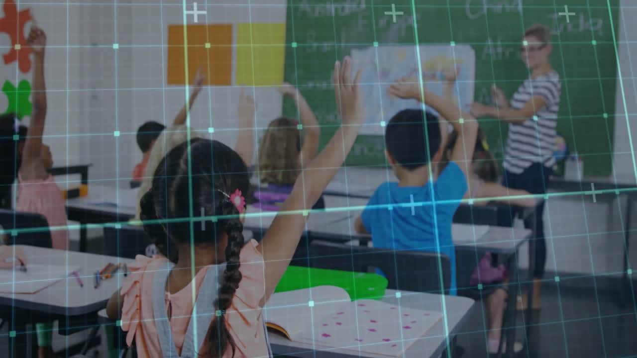 Teacher pointing at chalkboard and students raising hands in school, with animated chart icons