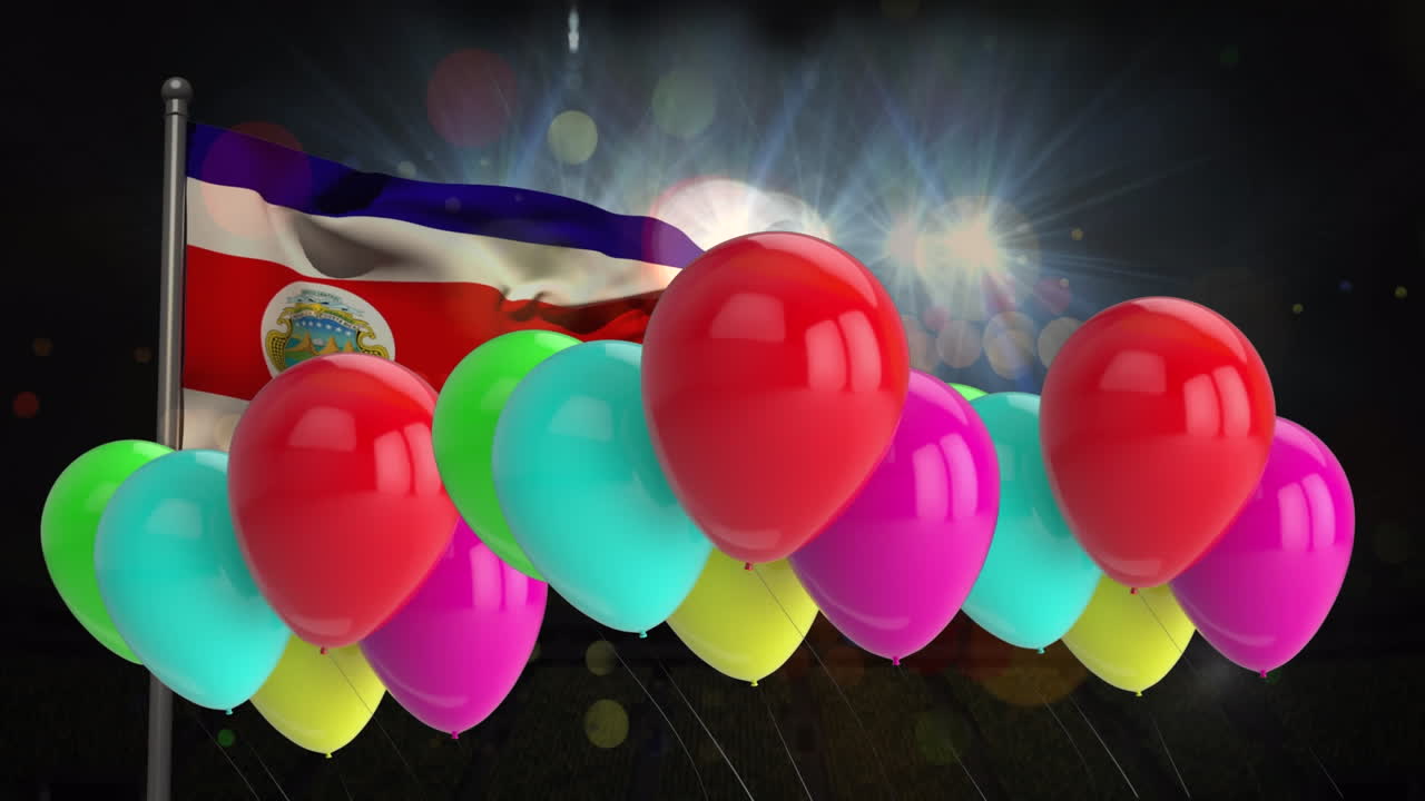 animación de globos y luces sobre la bandera de costa rica