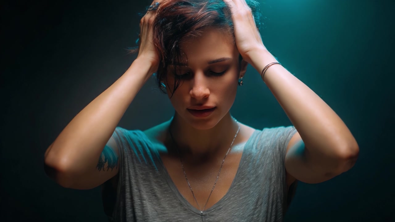 Expressive Portrait of a Young Person in Thoughtful Contemplation Under Dramatic Lighting with Hands on Head Reflecting Inner Turmoil and Emotional Struggle