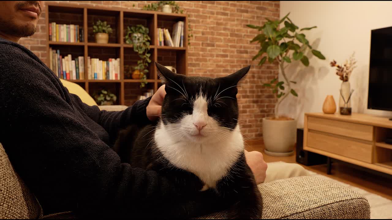 Uomo che accarezza un gatto bianco e nero sul divano in un accogliente soggiorno