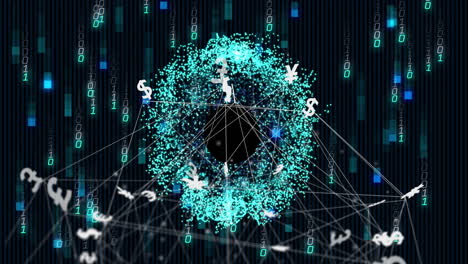 animación de símbolos de moneda digital y código binario a través de conexiones de red y procesamiento de datos