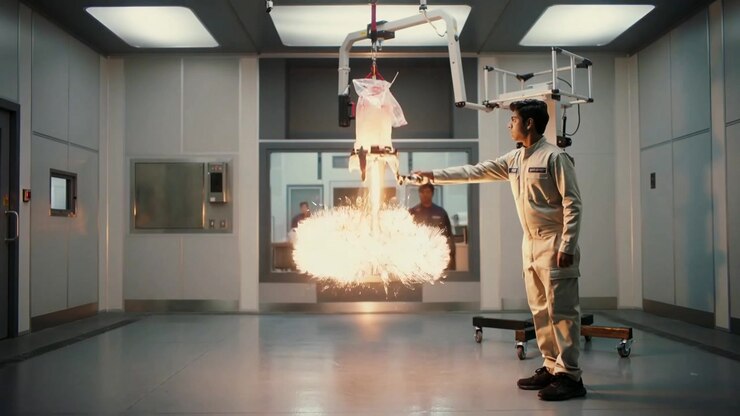 Reaching tech in coverall testing hoisted payload in test bay, staff watching via window