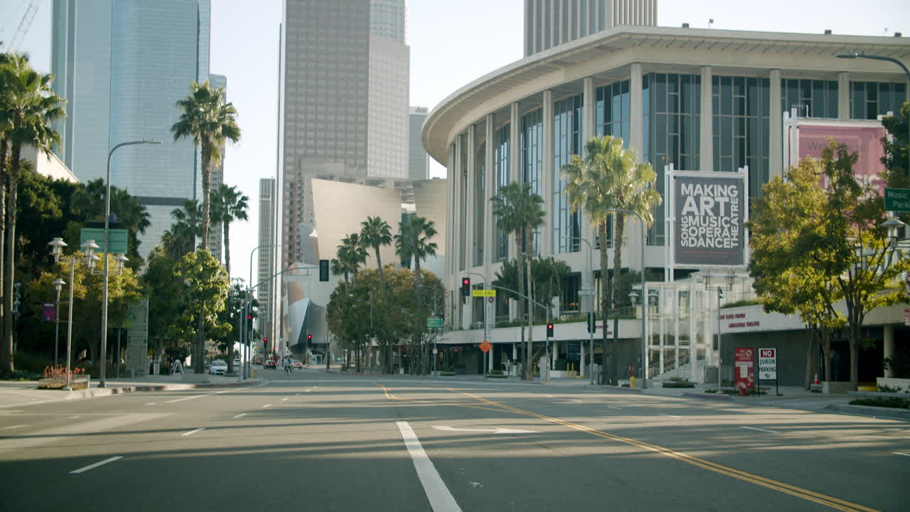 Downtown Los Angeles street view featuring the Music Center and skyscrapers