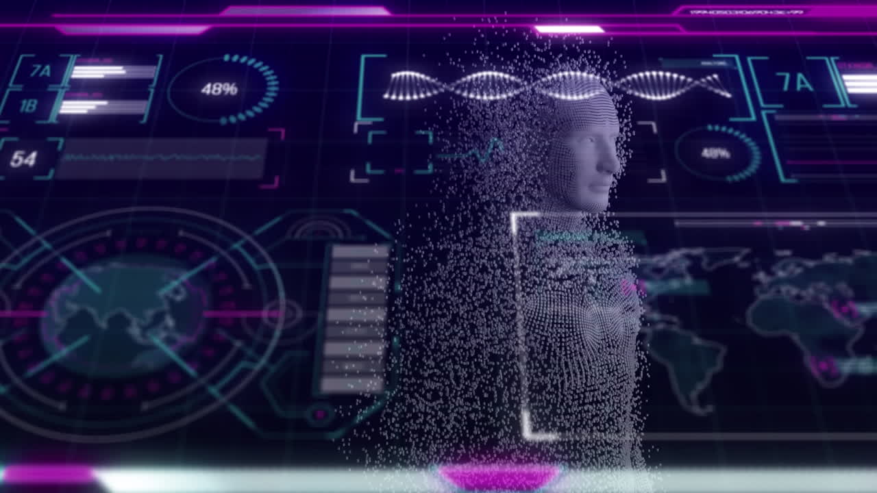 검은색 배경에 데이터 처리를 통해 dna 줄무와 디지털 인간 애니메이션