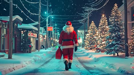 a person dressed as santa claus walking down a snowy street at night