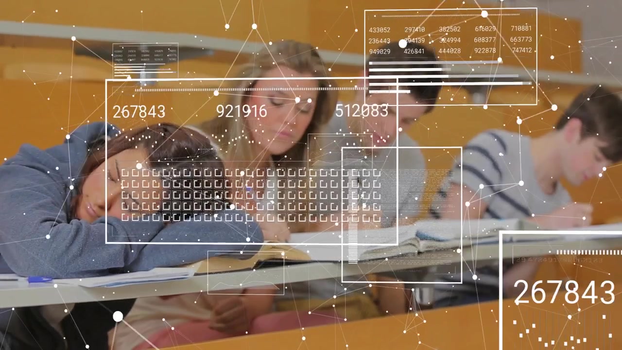 Lecture starting spawning data overlays hovering above desks, updating graphs during writing notes