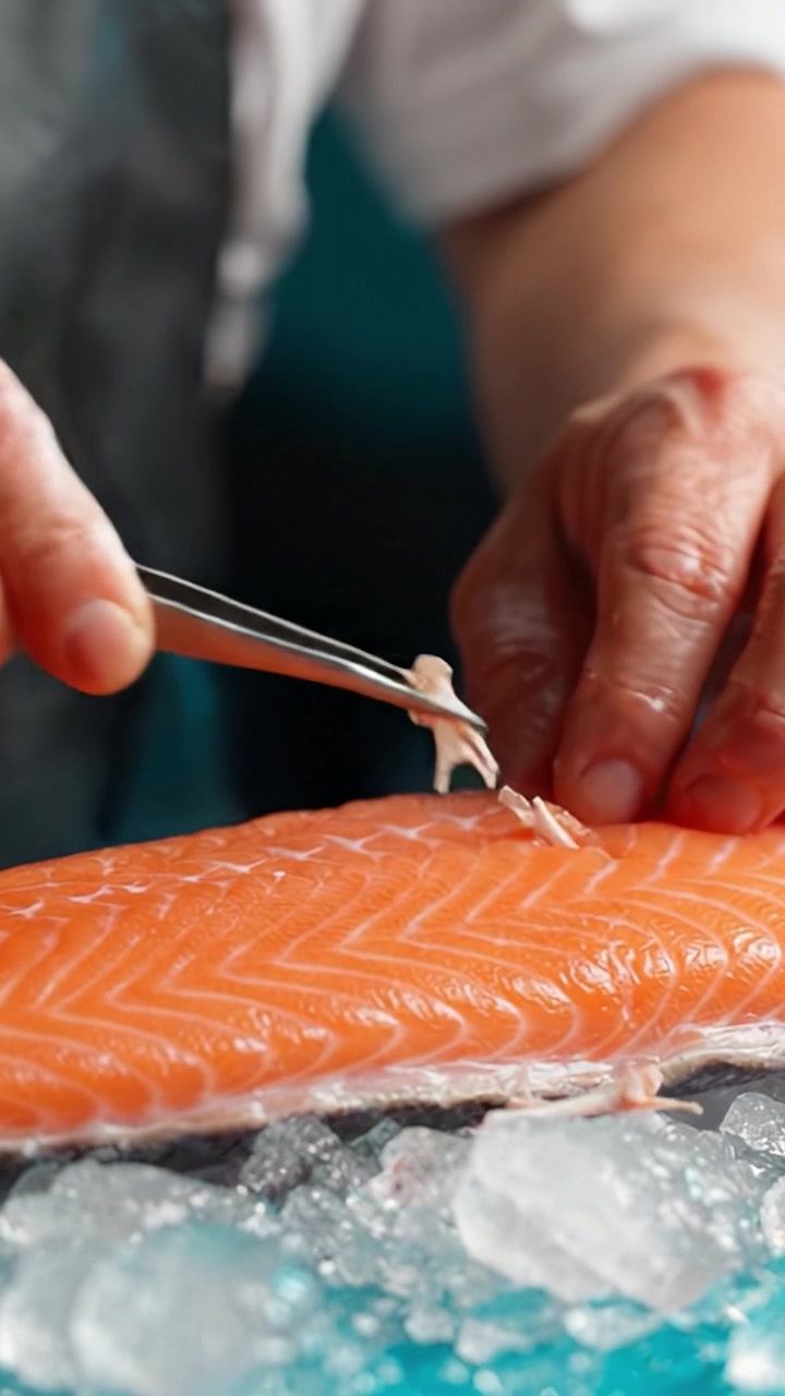 Mano esperta che prepara un filetto di salmone fresco con precisione e cura, catturando l'arte delle tecniche culinarie in un vivace ambiente di cucina.