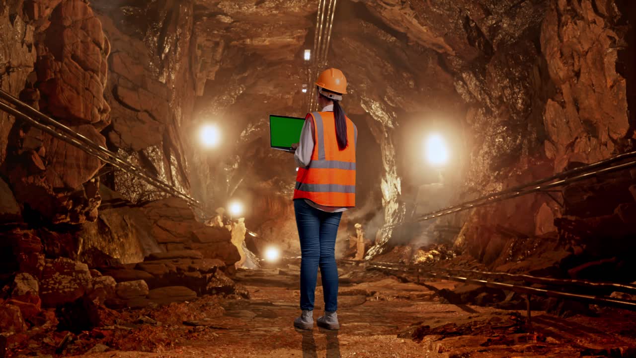 Full Body Back View Of Asian Female Engineer With Safety Helmet Working A Green Screen Laptop In Underground Mine Tunnel