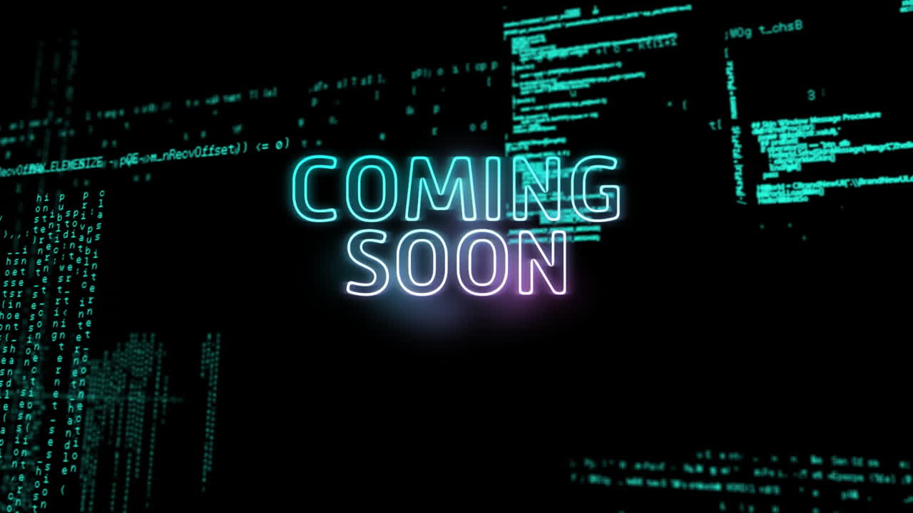 COMING SOON text animation over green coding lines on black background