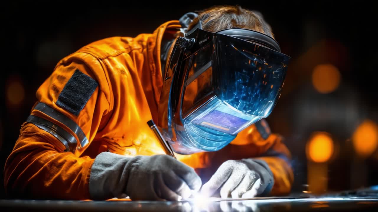 Close-up of a skilled welder in an orange suit focusing on fine details in a welding task, showcasing the precision and safety measures of metal fabrication