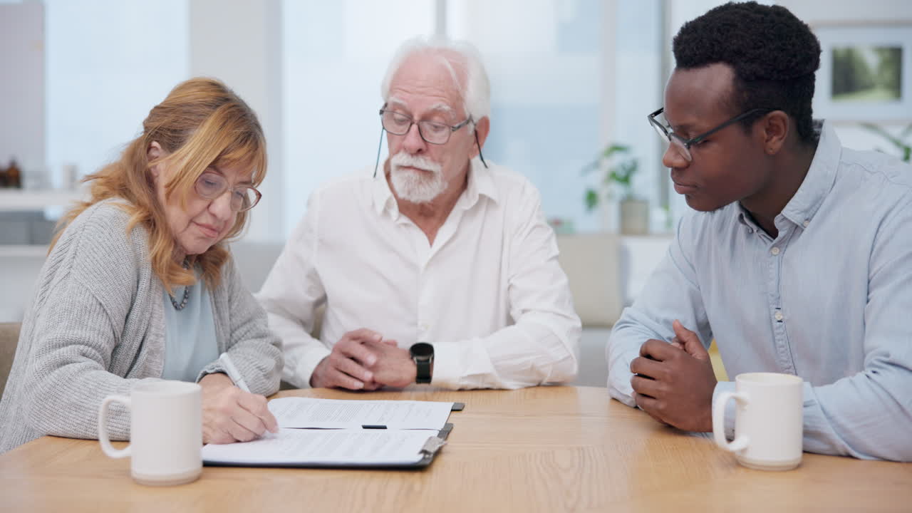 Senior couple, insurance and contract