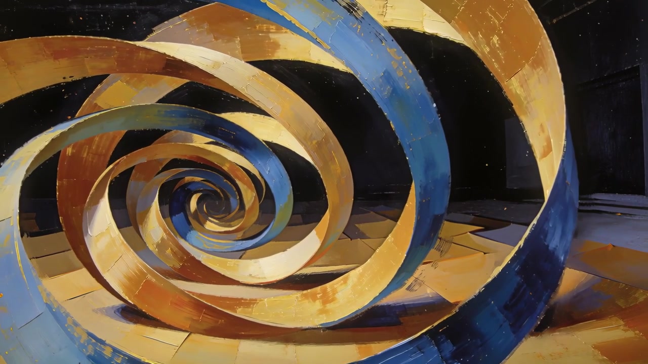 Moving camera pushing in expo hall revealing worn blue or gold spiral floor or rigging drawing inwar