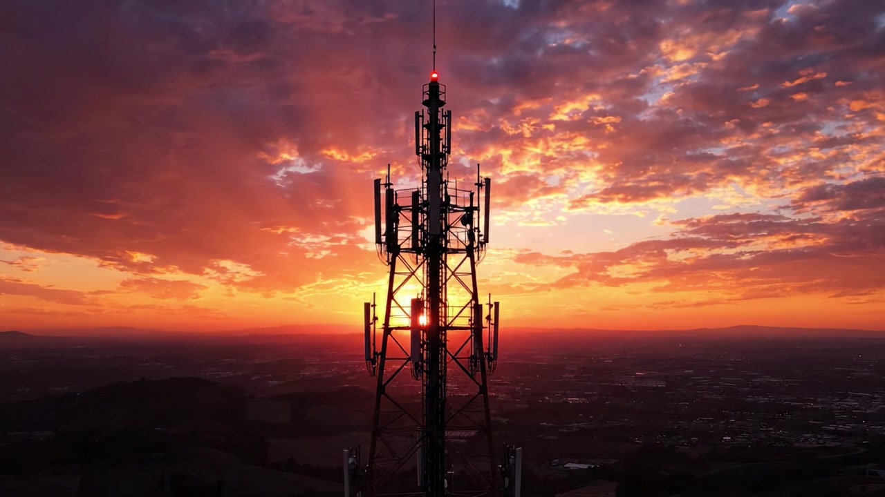 Silhueta deslumbrante do pôr do sol: uma torre de comunicação contra cores vibrantes do céu ao entardecer, capturando a beleza da natureza e da tecnologia em harmonia.