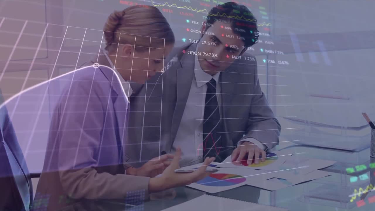 Animation of financial data processing over two caucasian business people