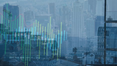 animación del procesamiento de datos financieros sobre el paisaje urbano