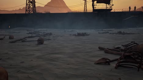 post-apocalyptic wasteland with mass graves and watchtower