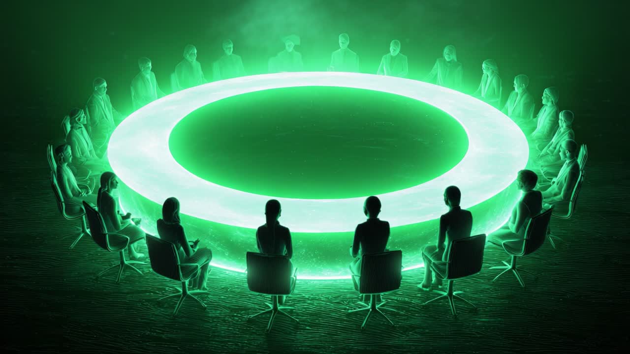 A Mysterious Gathering Around a Glowing Circular Table where Participants Engage in a Deep and Intriguing Discussion Illuminated by an Otherworldly Green Light, Inducing a Sense of Enigma and Curiosity