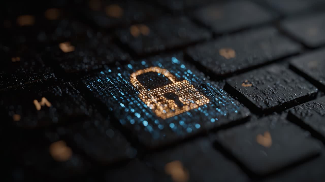 Close-Up of a Keyboard Key Illuminated with a Lock Symbol Surrounded by Digital Rain, Representing Cyber Security and Data Protection Concepts