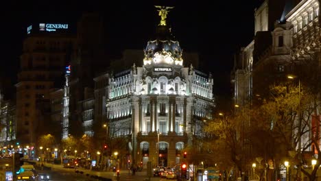 spain madrid night light metropolis hotel front gran via view 4k