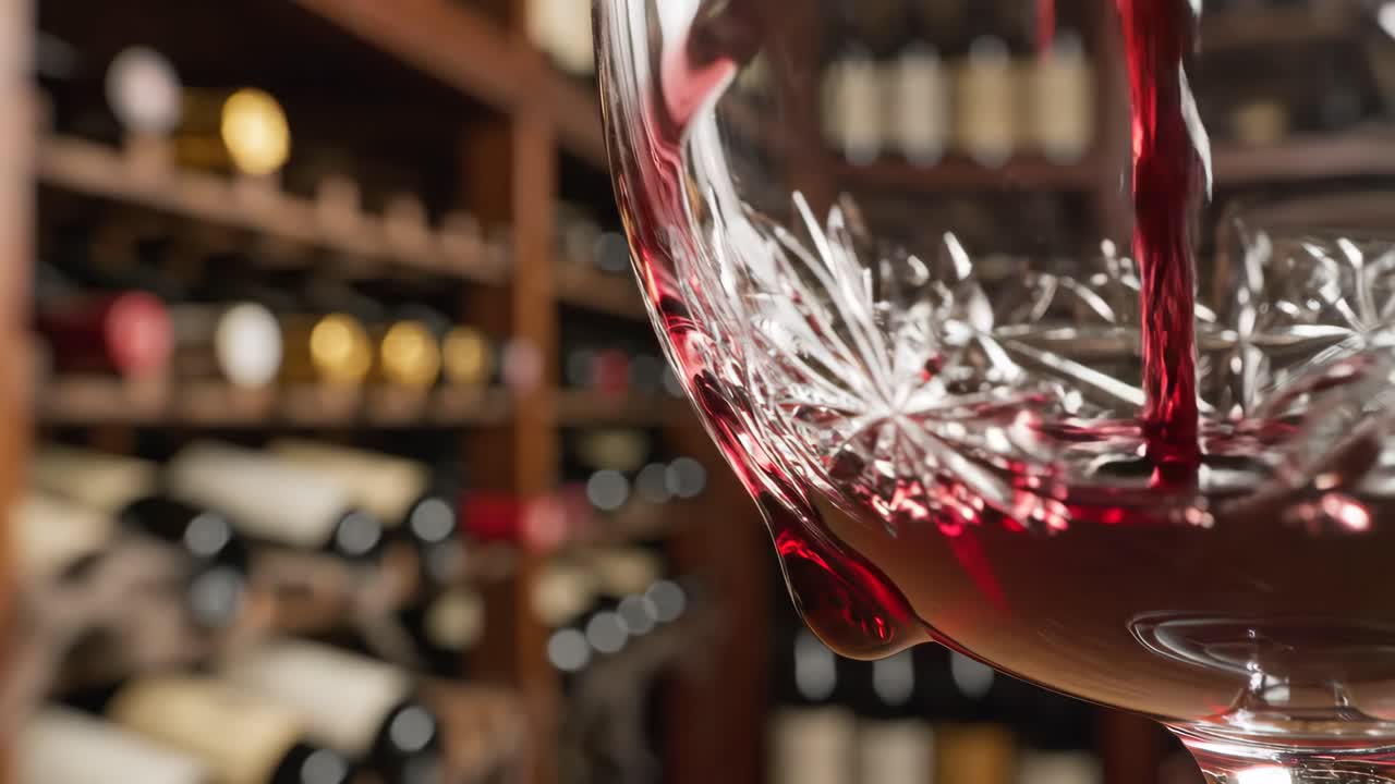 Versando vino rosso in un bicchiere di cristallo in una cantina