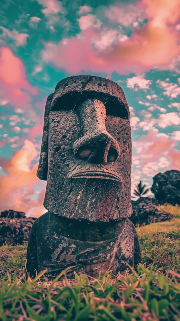 ancient stone heads wearing headphones on an island generative art