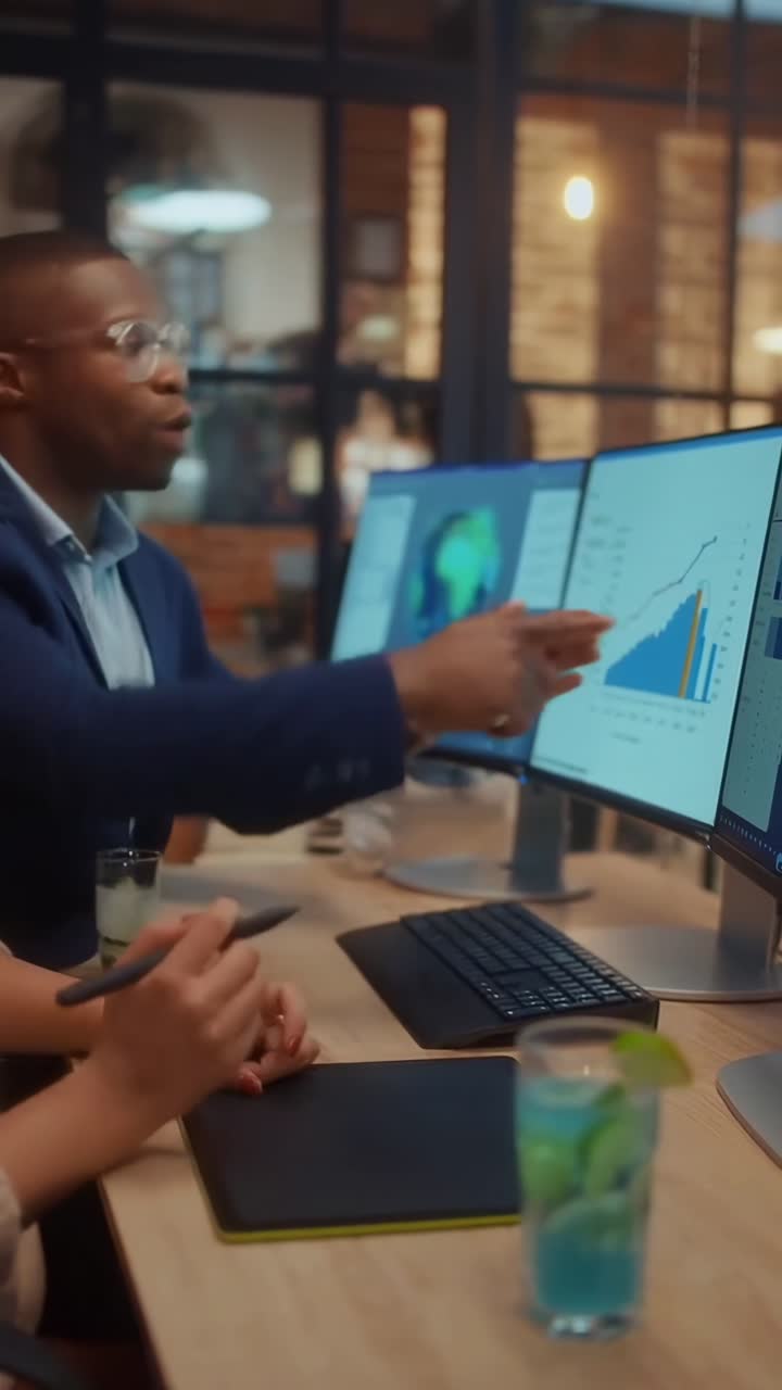 Over-the-shoulder angle of colleagues analyzing data on screens in a modern office video
