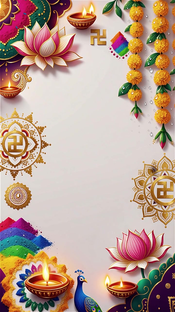 Sfondo Diwali con Diyas luminosi, Rangoli e fiori di loto