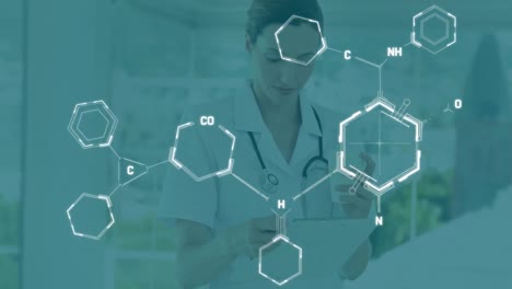 Animación-De-Fórmula-Química-Sobre-Doctora-Caucásica