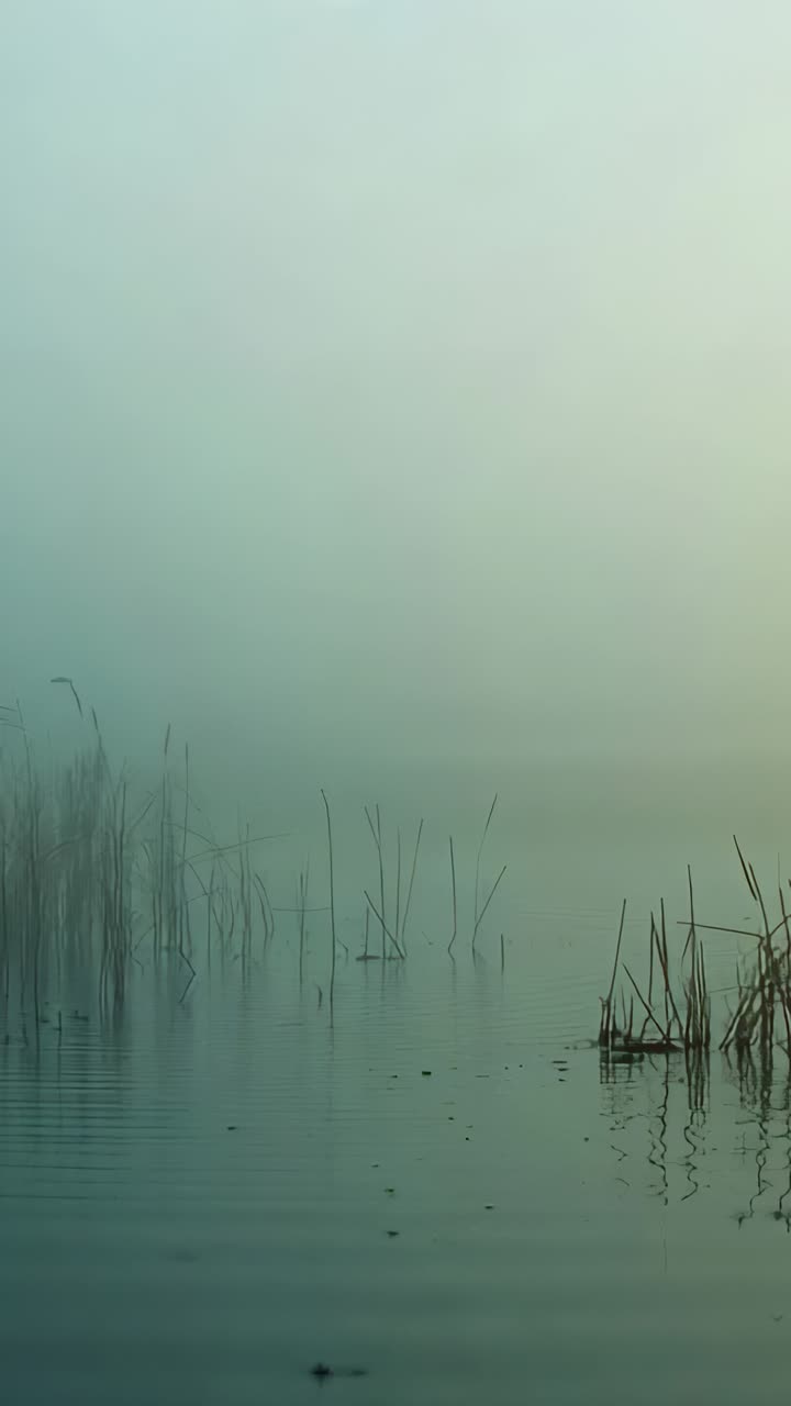 Vertical video: Swaying reed stems bending to light breeze at foggy lake edge, forming ripples