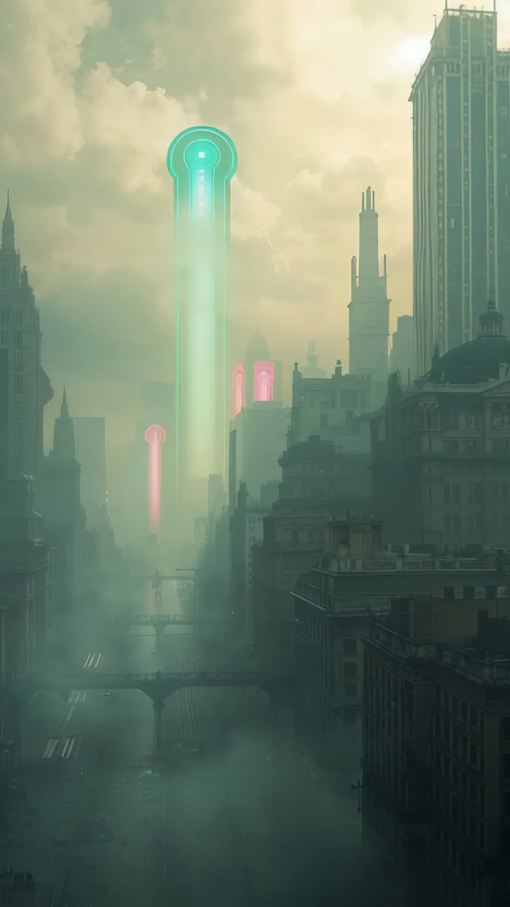 Vertical video: Glowing spire projecting red turning cyan beam in foggy city, spawning red pillars