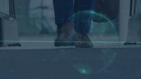 animation of financial data and graphs over legs of diverse businesspeople on escalator