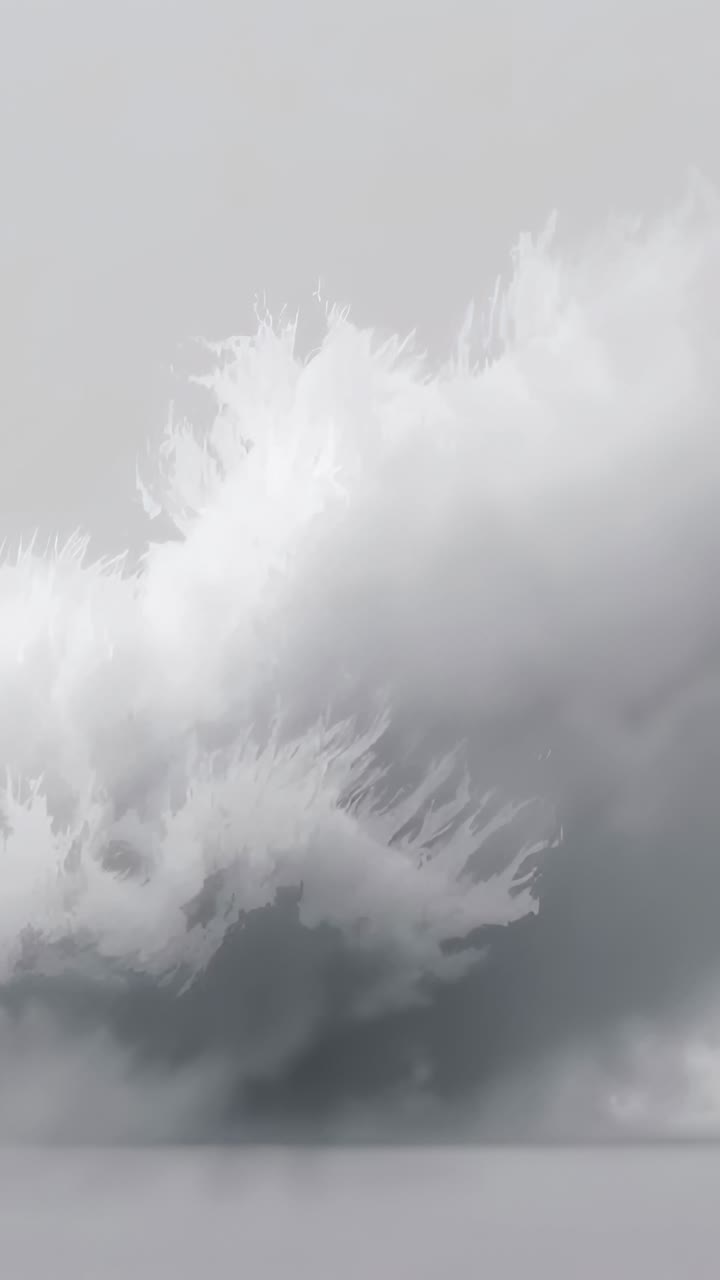 Vertikal video: Stigende ru grå masse drevet af stormvind, der skyller ind over mørkt vand, horisont