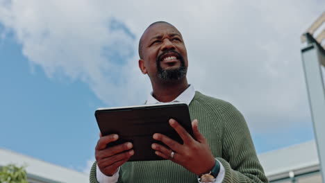 tablet, mindset and research with a business black