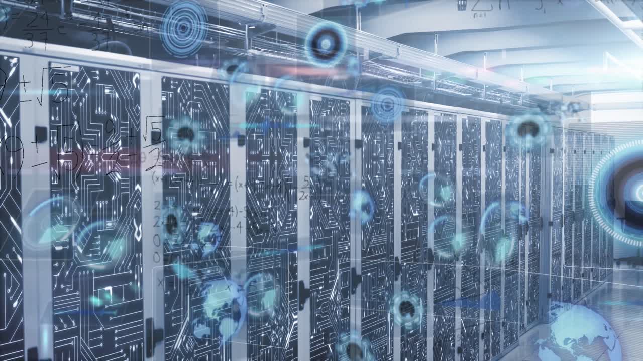 animación de ecuaciones matemáticas y escáneres redondos múltiples contra la sala de servidores de computadoras.