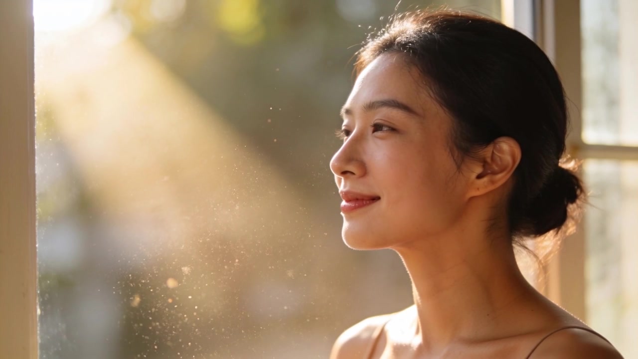 窓から差し込む日差しに目を細める、ストラップトップを着た立っているアジア人女性。ほこりが舞い、コピースペースあり。