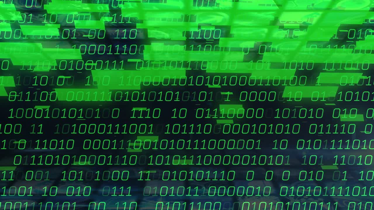 Ved opstart vises binære cifre, der driver nedad, mens grønne bjælker pulserer og visualiserer en datastrøm.