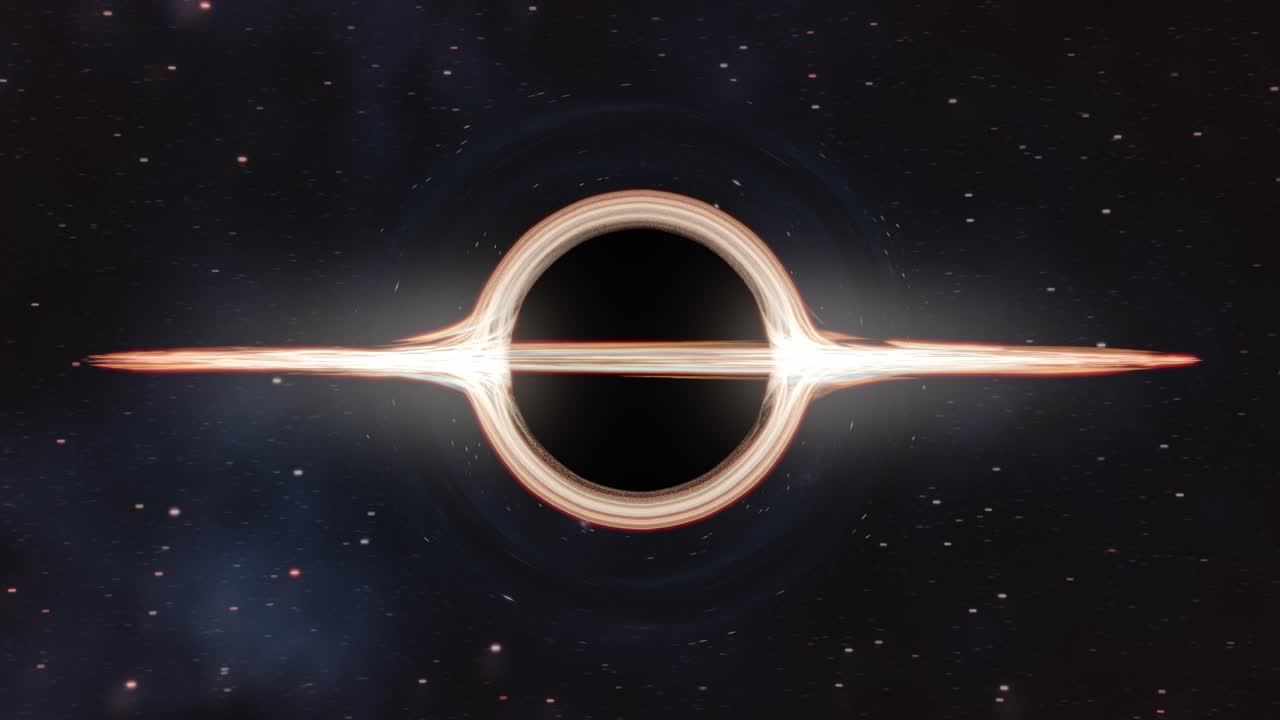 Medium shot of horizontally orbiting a spinning black hole, bending light with stars, galaxies and nebula in the background