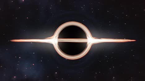 medium shot of horizontally orbiting a spinning black hole, bending light with stars, galaxies and nebula in the background