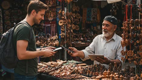 an engaging exchange in a bustling market: a young tourist and an experienced artisan share smiles and goods amidst handcrafted treasures